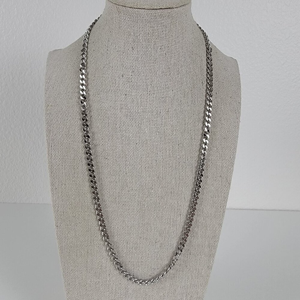 Silver-Tone Curb Chain Necklace Lobster Clasp Signed H 22 Inch Minimalist Unisex